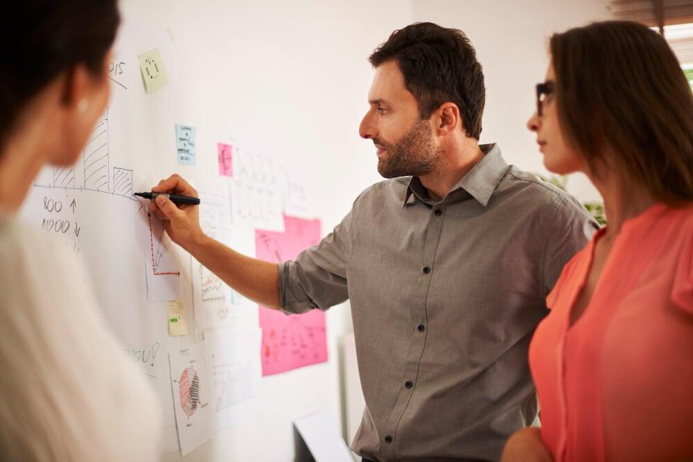 Equipo diseñando procesos en una pizarra, optimizando tiempos y experiencias