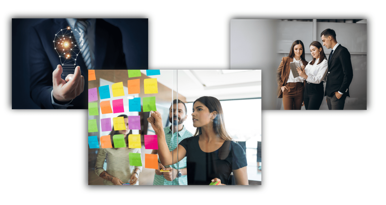 Consultores generando ideas innovadoras, colaborando en equipo y planificando estrategias